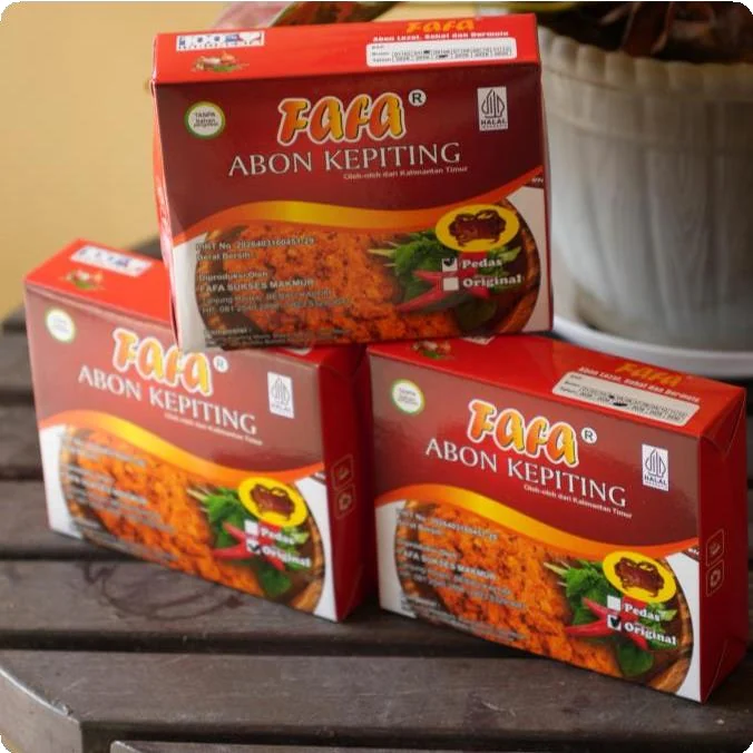 Stack of Fafa Abon Kepiting boxes