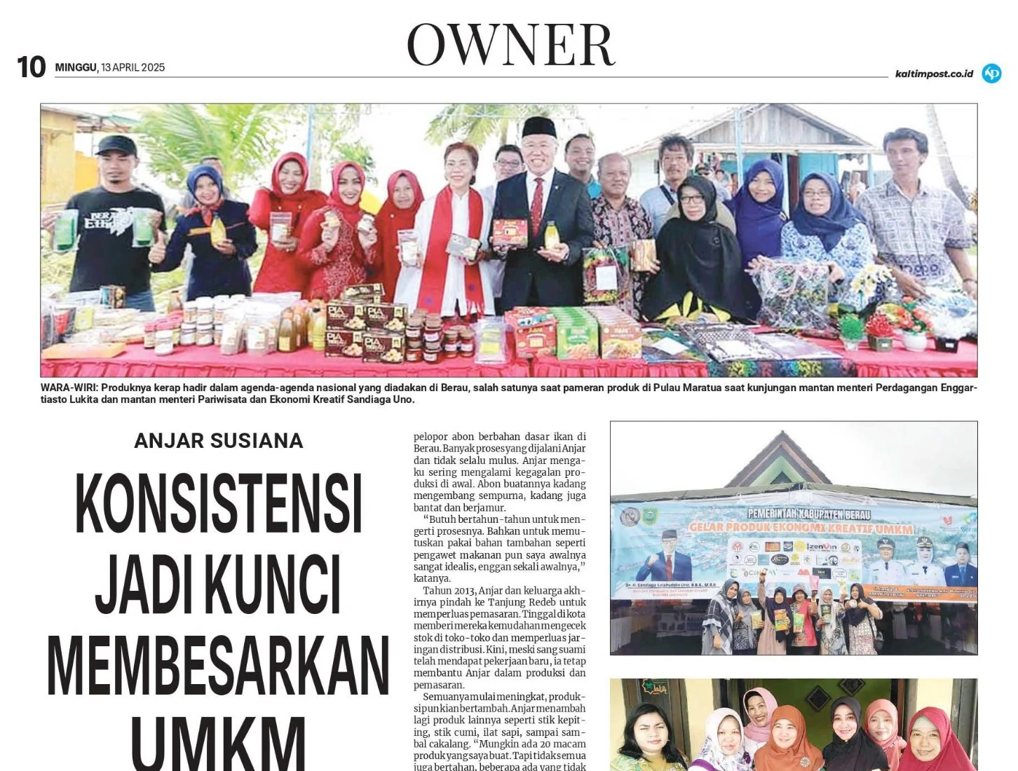 Top of the Kaltim Post newspaper page featuring Anjar Susianah and Fafa Sukses Makmur